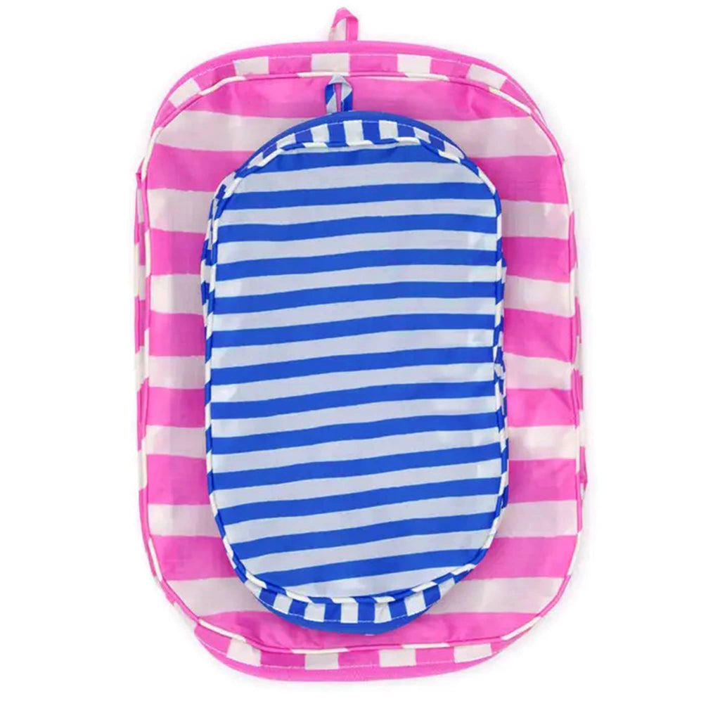 Baggu Painted Stripe reusable recycled nylon packing cubes, set of two flat and stacked.