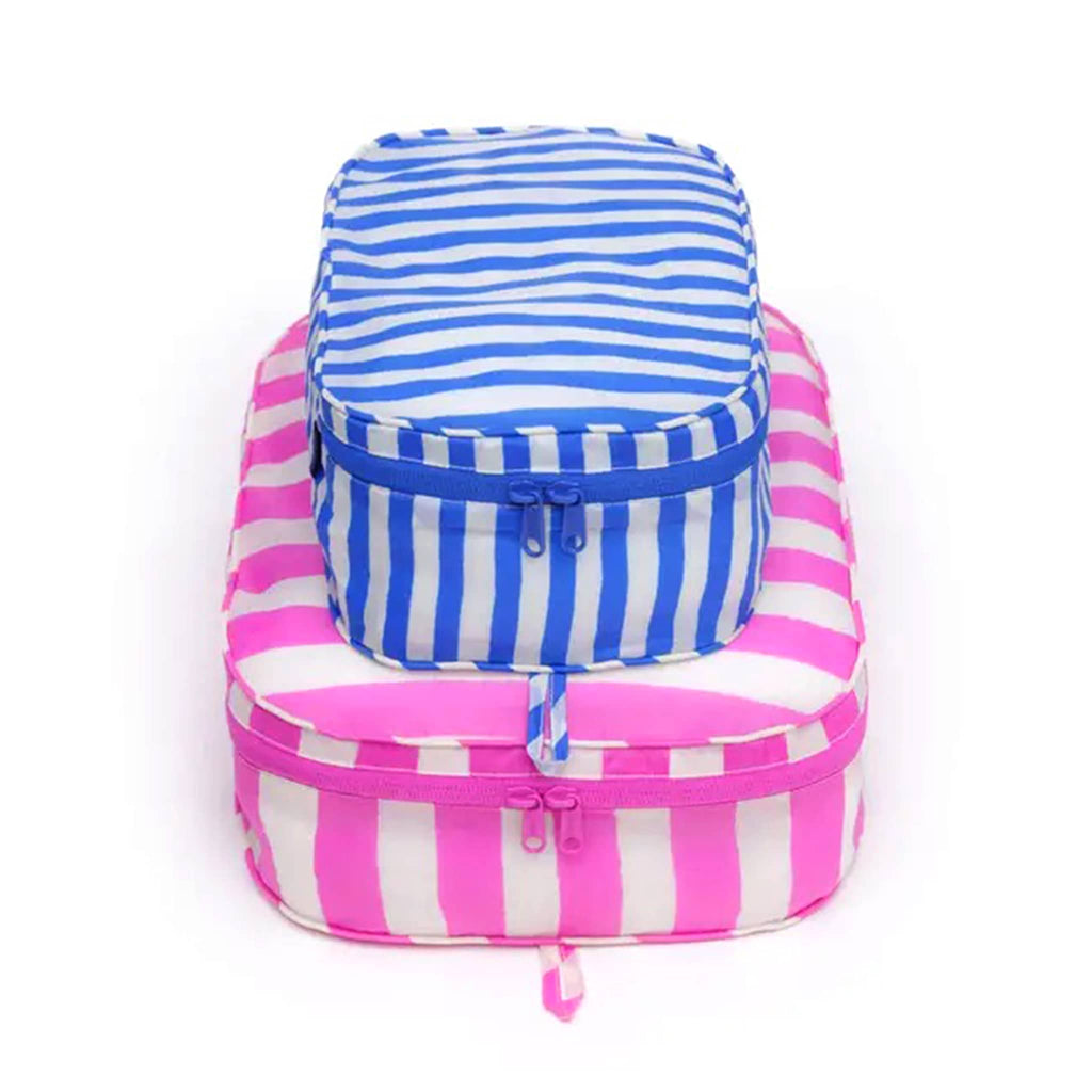 Baggu Painted Stripe reusable recycled nylon packing cubes, set of two stuffed and stacked.