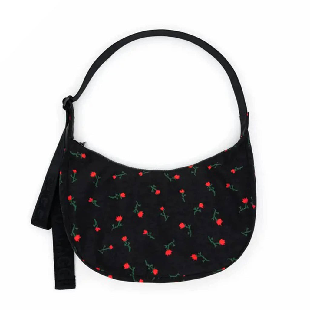 Baggu Painted Wildflower medium ripstop nylon crescent bag, front view.