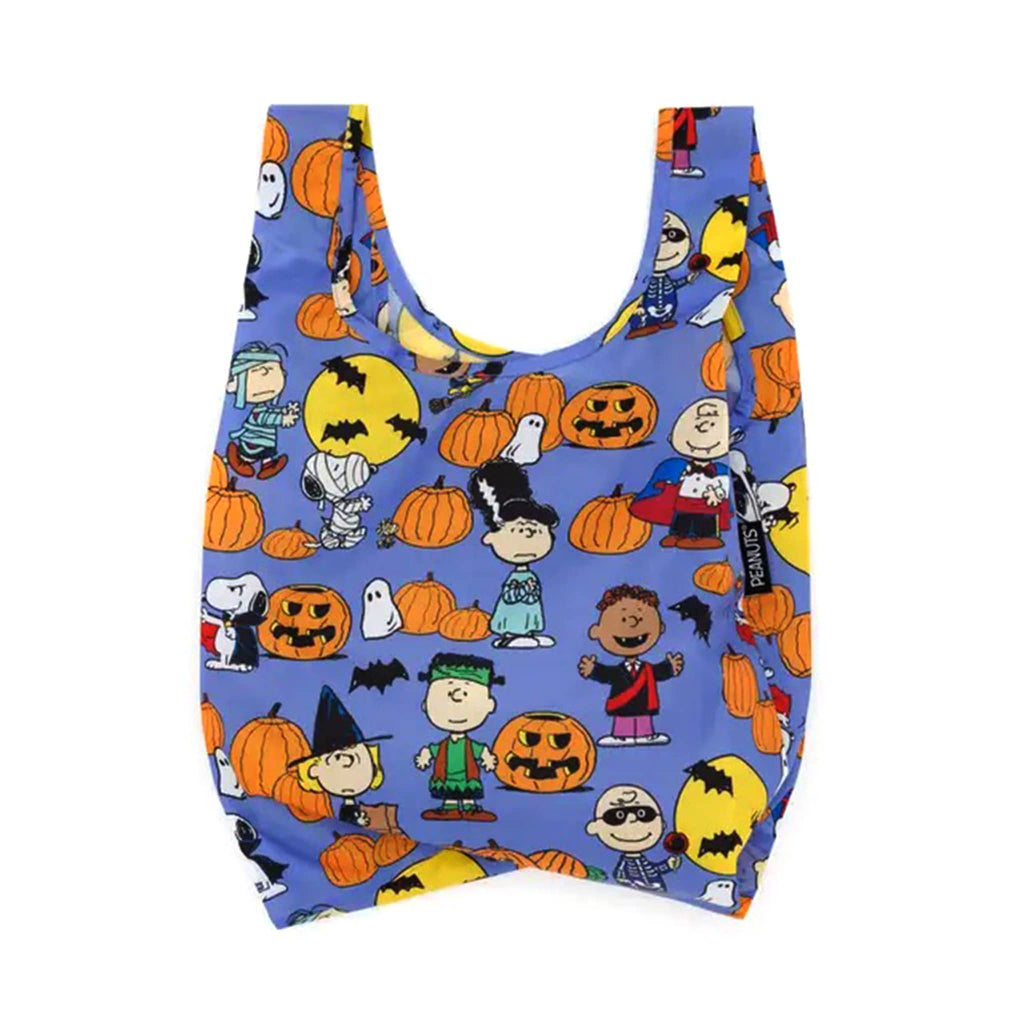 Baby Baggu reusable shopping bag with the Peanuts Pumpkin Patch print on a blue backdrop, unfolded on a white background.