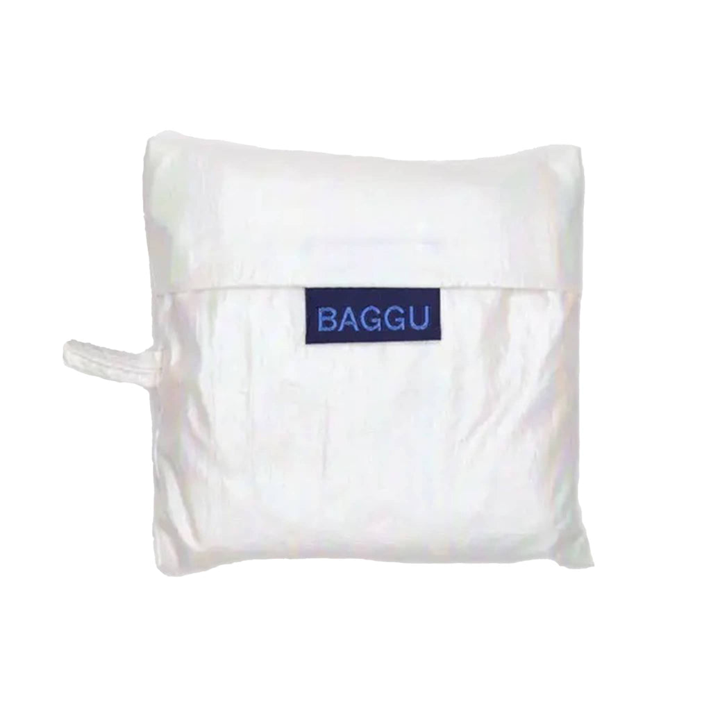Baggu Pearl Metallic standard ripstop nylon reusable bag, in pouch.