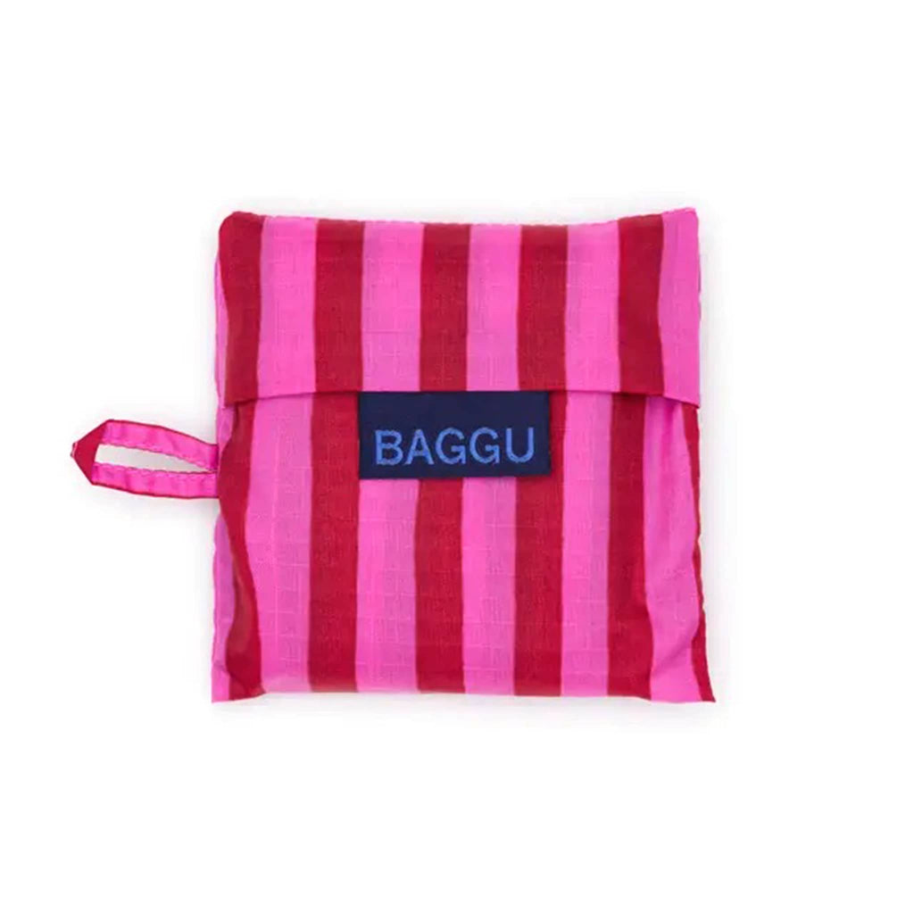 Baby Baggu Pink and Red Painted Stripe ripstop nylon reusable bag, in pouch packaging.