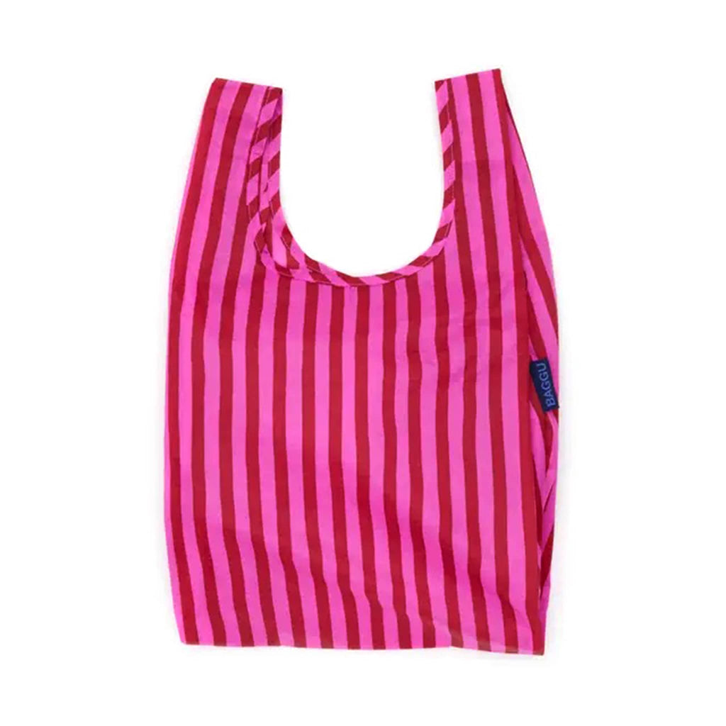 Baby Baggu Pink and Red Painted Stripe ripstop nylon reusable bag, unfolded.