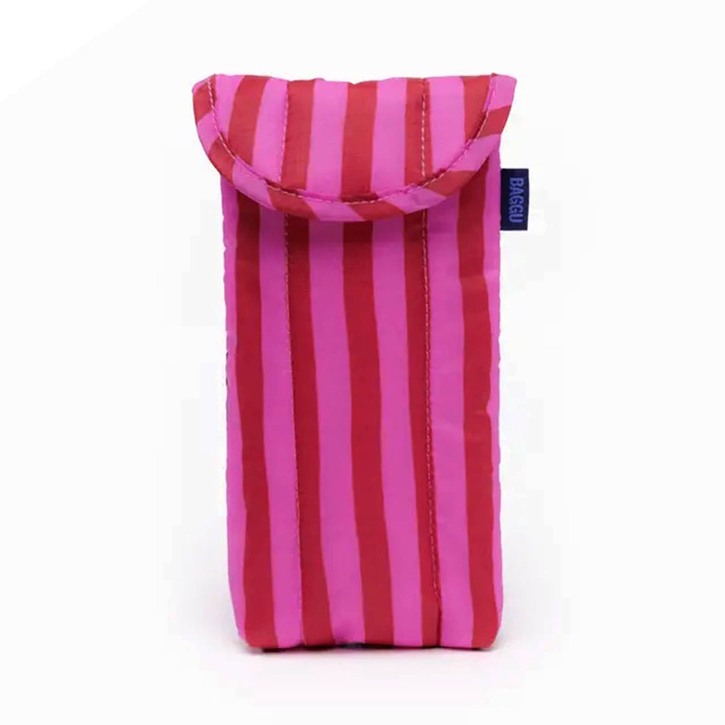 Baggu Pink and Red Painted Stripe puffy recycled ripstop nylon and polyester glasses sleeve, front view.