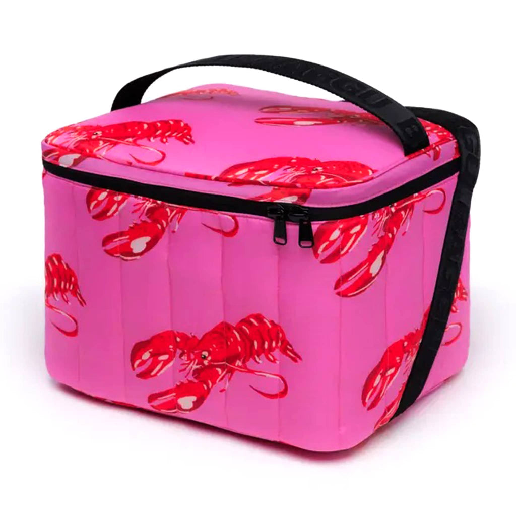 Baggu Pink Lobster insulated puffy cooler bag, front angle view.