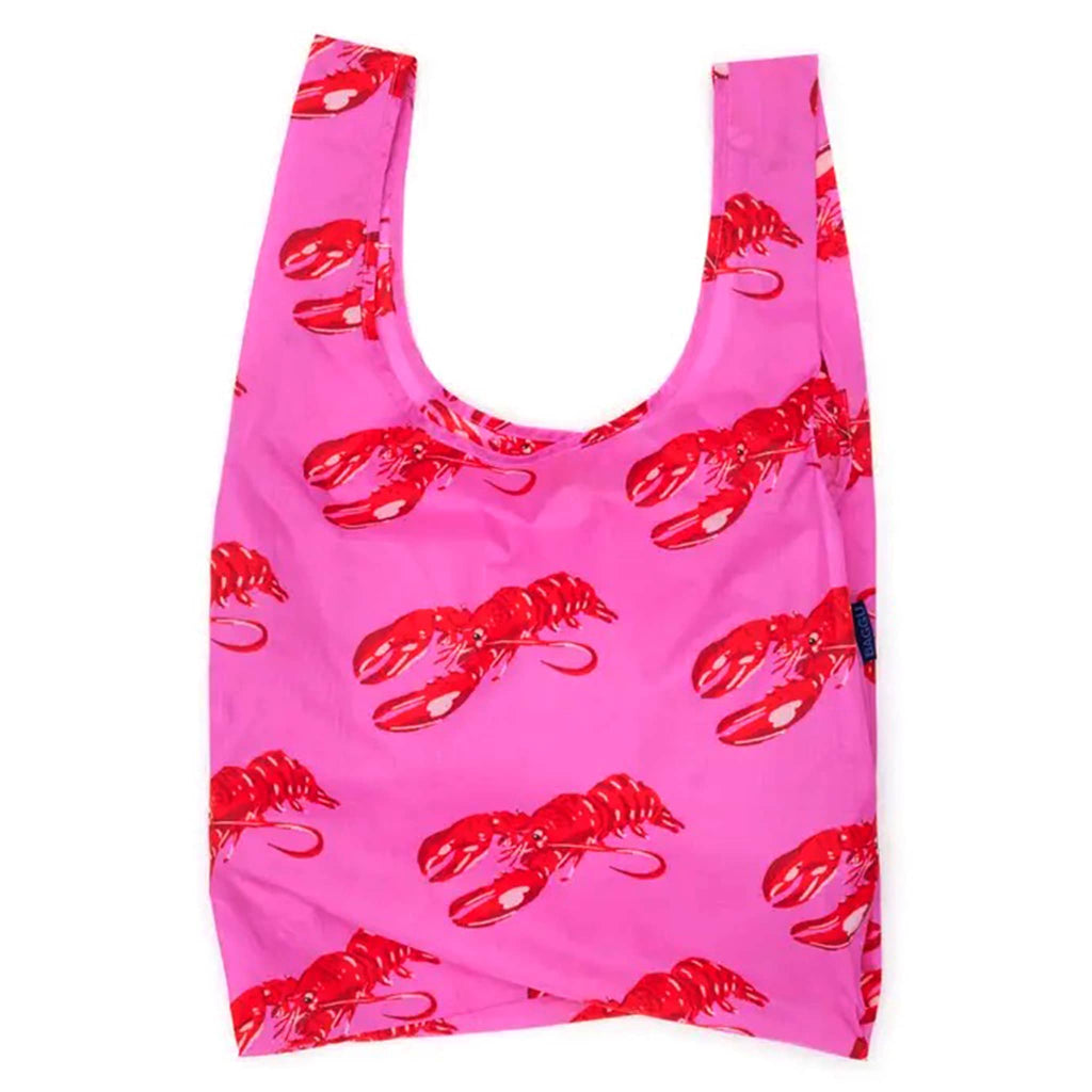 Baggu Pink Lobster standard ripstop nylon reusable bag, unfolded.