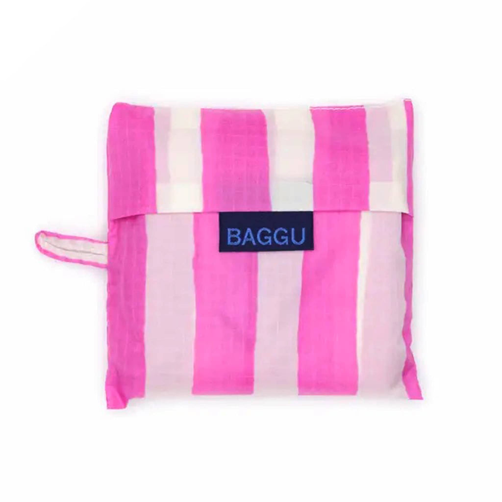 Baggu Pink Painted Stripe standard ripstop nylon reusable bag in pouch.