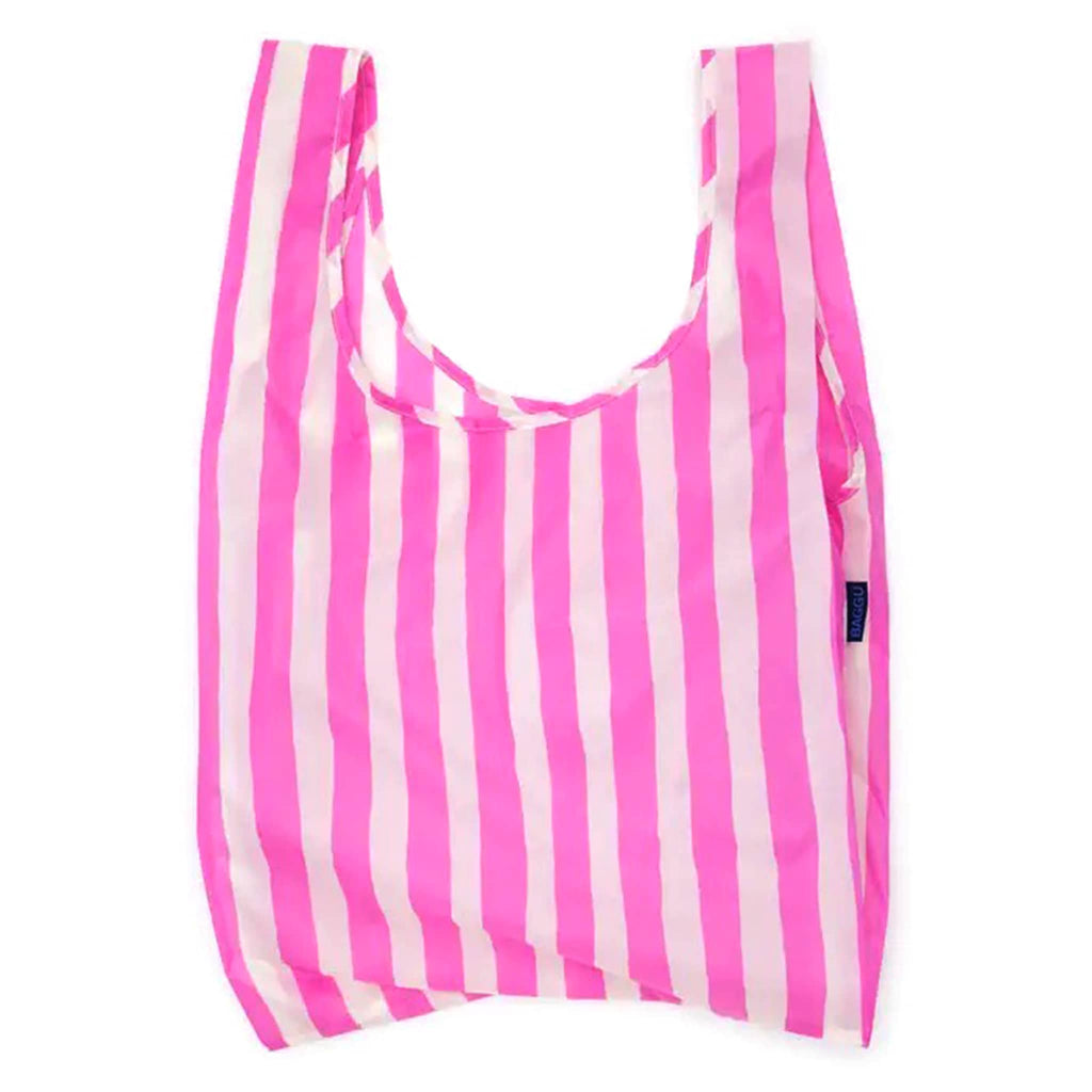 Baggu Pink Painted Stripe standard ripstop nylon reusable bag, unfolded.