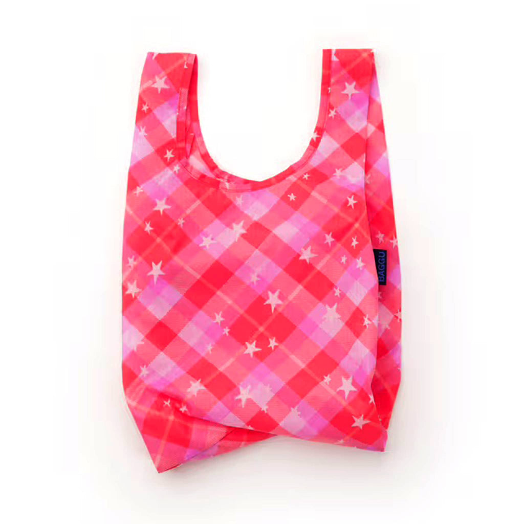 Baby Baggu reusable bag in Pink Star Plaid, unfolded, on a white background.