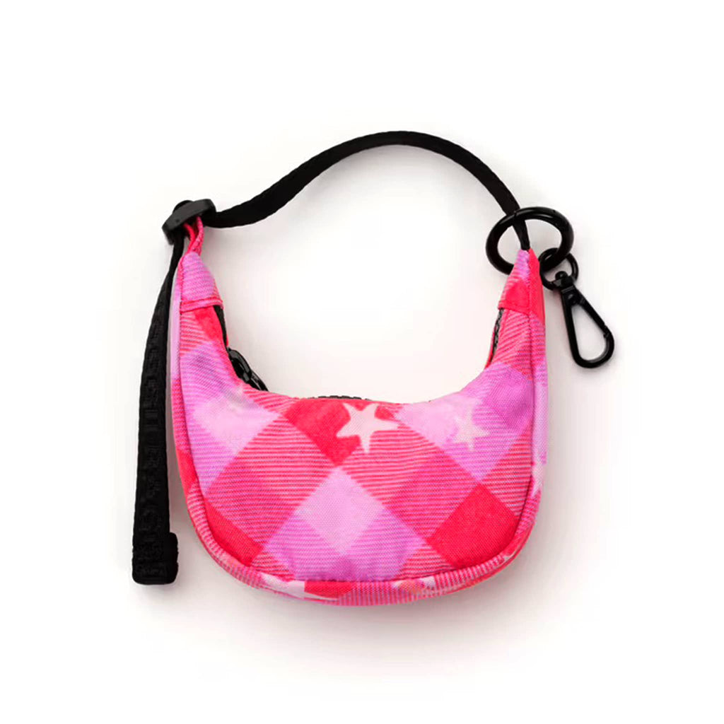 Baggu Pink Star Plaid print crescent bag charm with black strap on a white background.