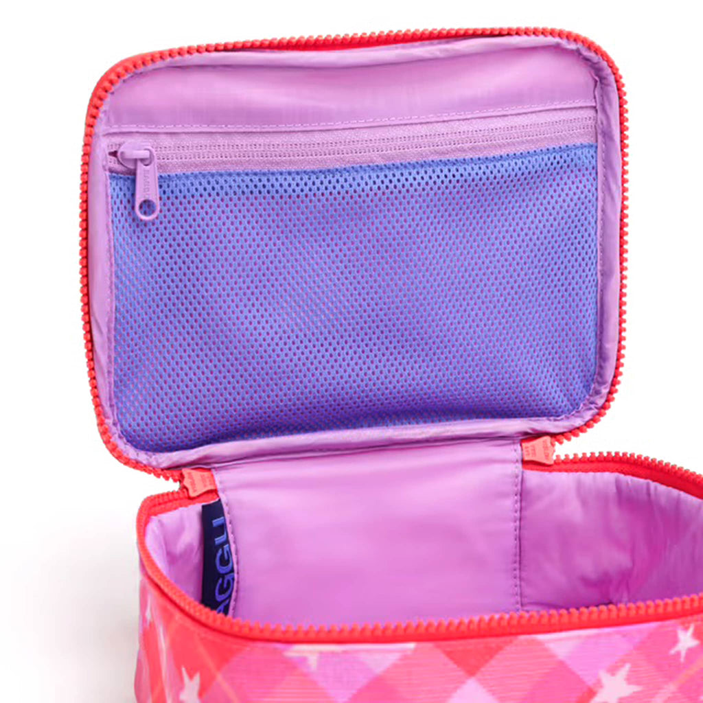 BAGGU pink star plaid print recycled nylon small cosmetic case, unzipped to show interior mesh pocket and lining.