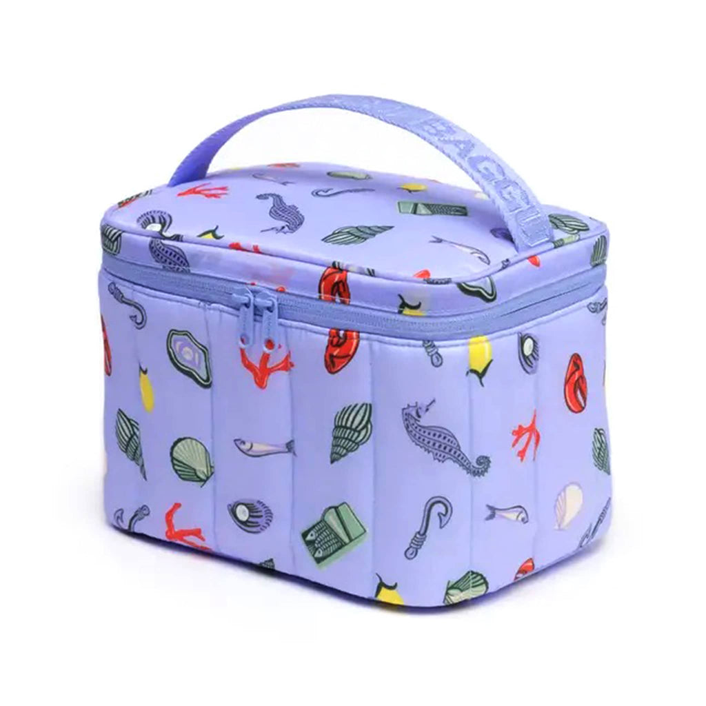 Baggu Insulated Puffy Nylon Lunch Bag with Sea Charms print and a periwinkle zipper and handle, front angle view.