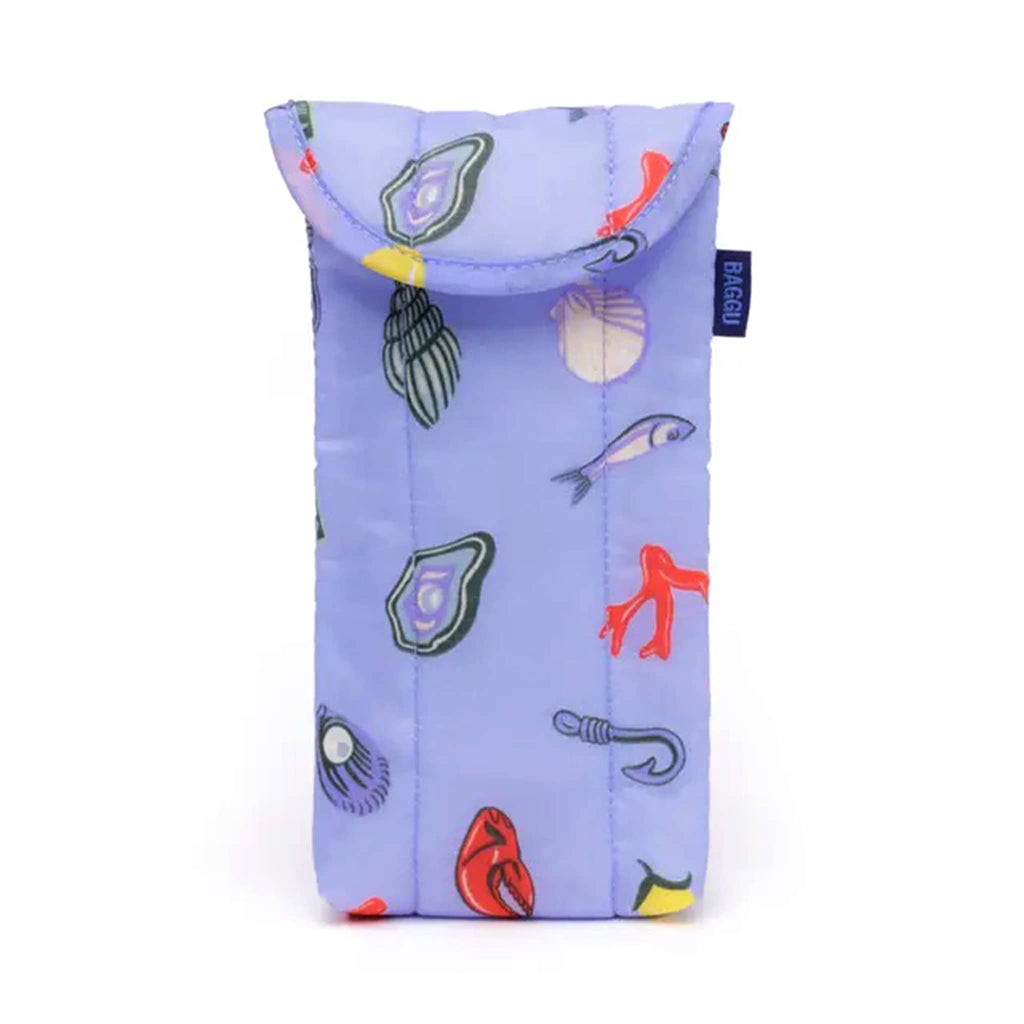 Baggu Sea Charms puffy recycled ripstop nylon and polyester glasses sleeve, front view.