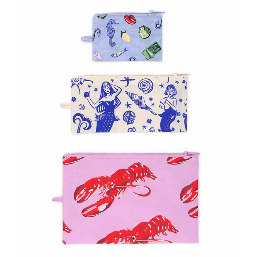 Baggu Sea Creatures recycled heavyweight nylon flat zipper pouch, set of 3 in different sizes and designs.