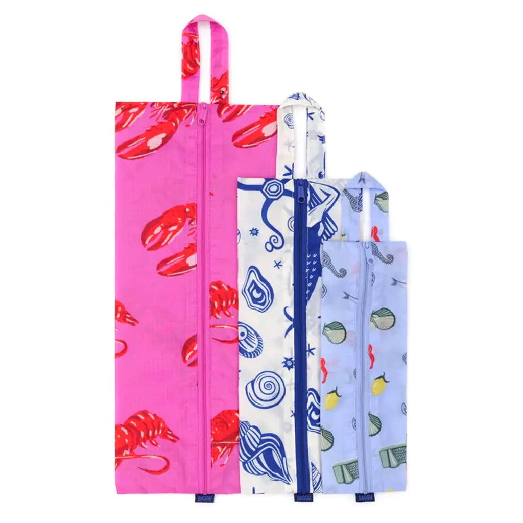 Baggu Sea Creatures reusable recycled nylon 3d zip set bags, flat and stacked.