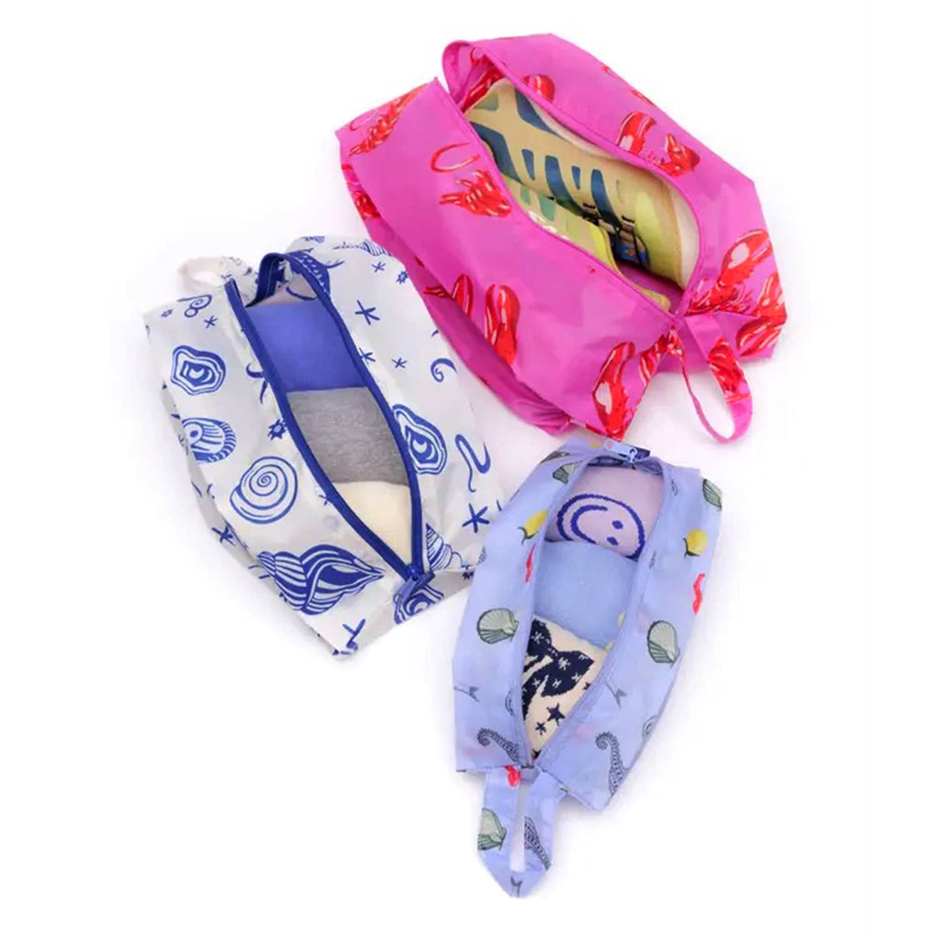 Baggu Sea Creatures reusable recycled nylon 3d zip set bags, stuffed with socks, t-shirts and shoes.