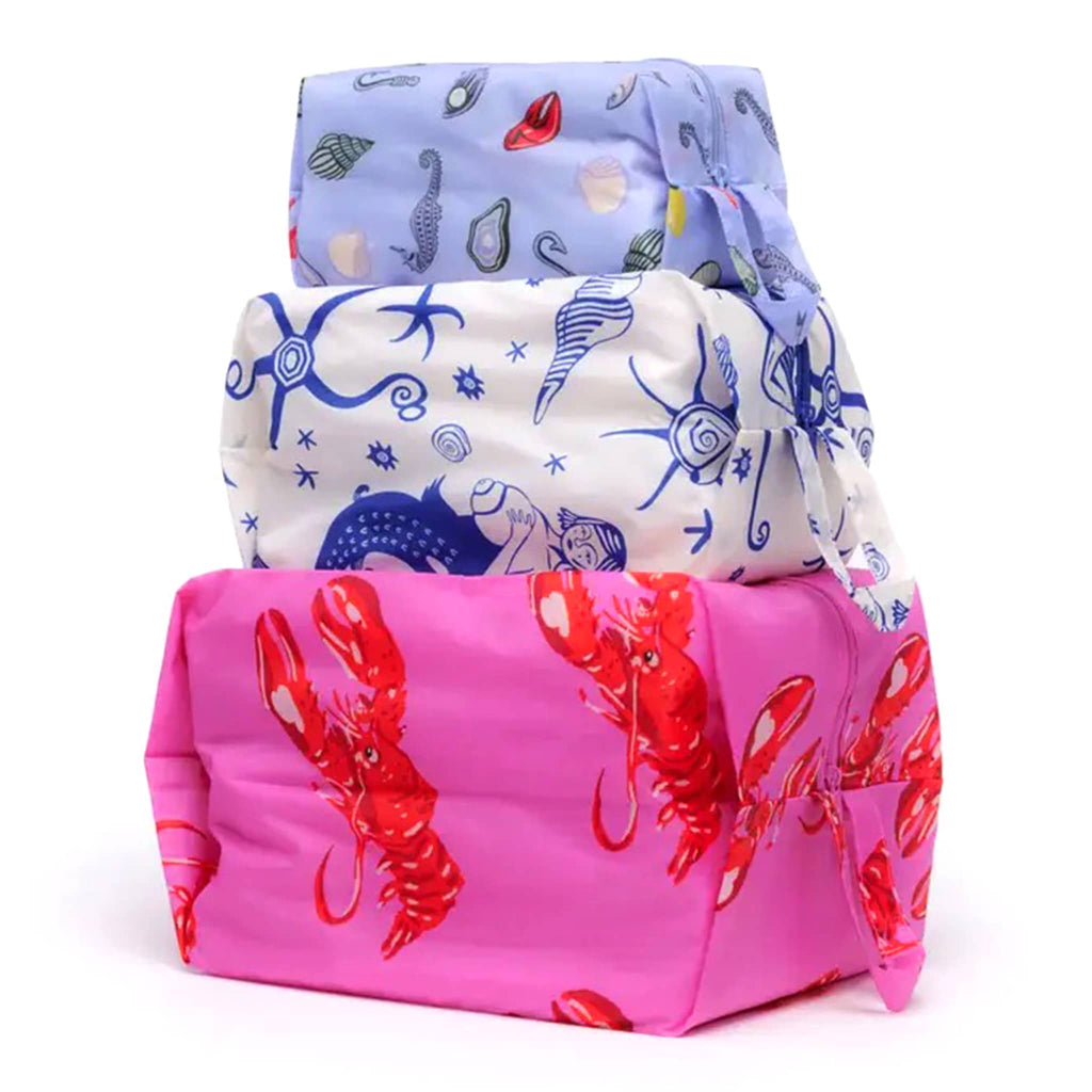 Baggu Sea Creatures reusable recycled nylon 3d zip set bags, stuffed and stacked.