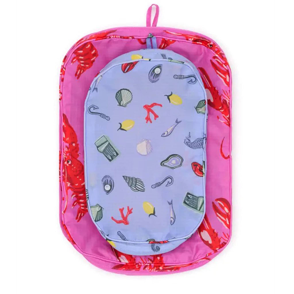 Baggu Sea Creatures reusable recycled nylon packing cubes, set of two flat and stacked.