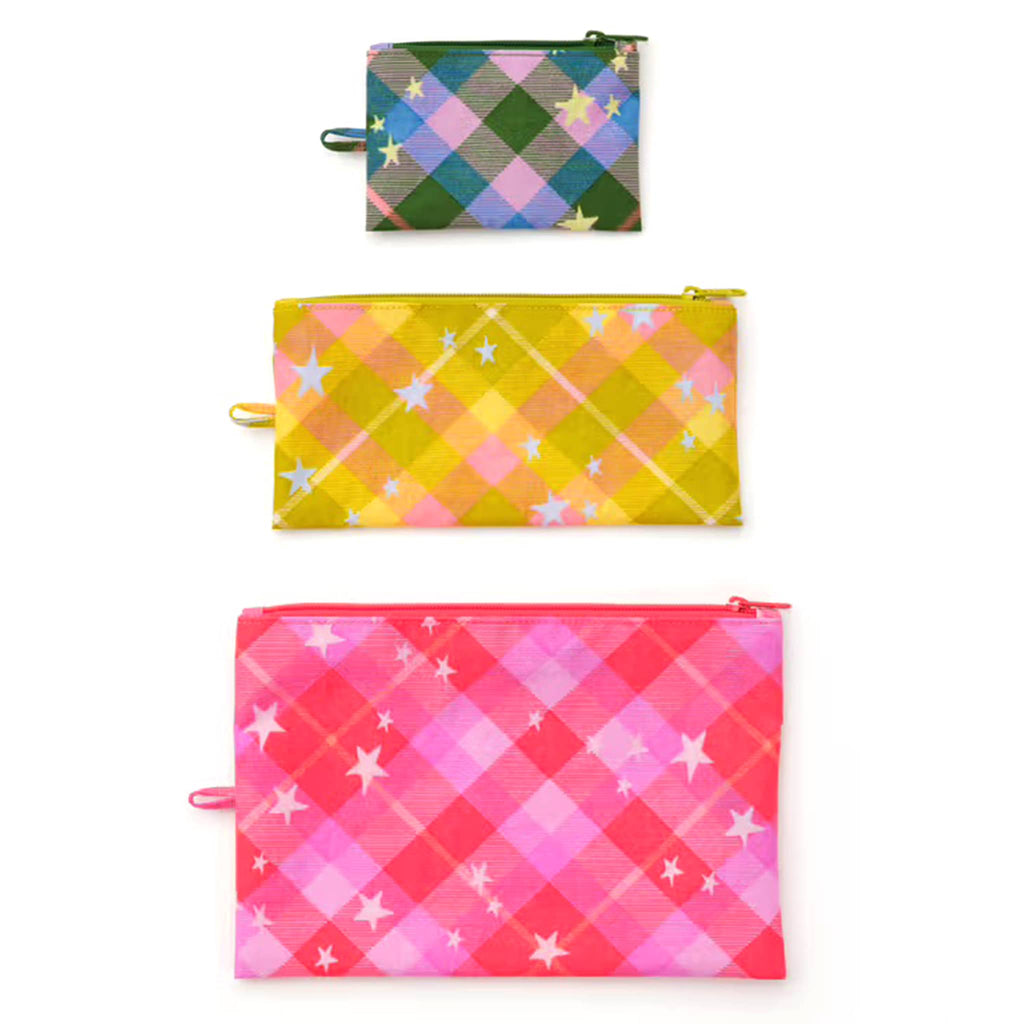Baggu Star Plaid recycled heavyweight nylon flat zipper pouches, set of 3 in different colors, on a white background.