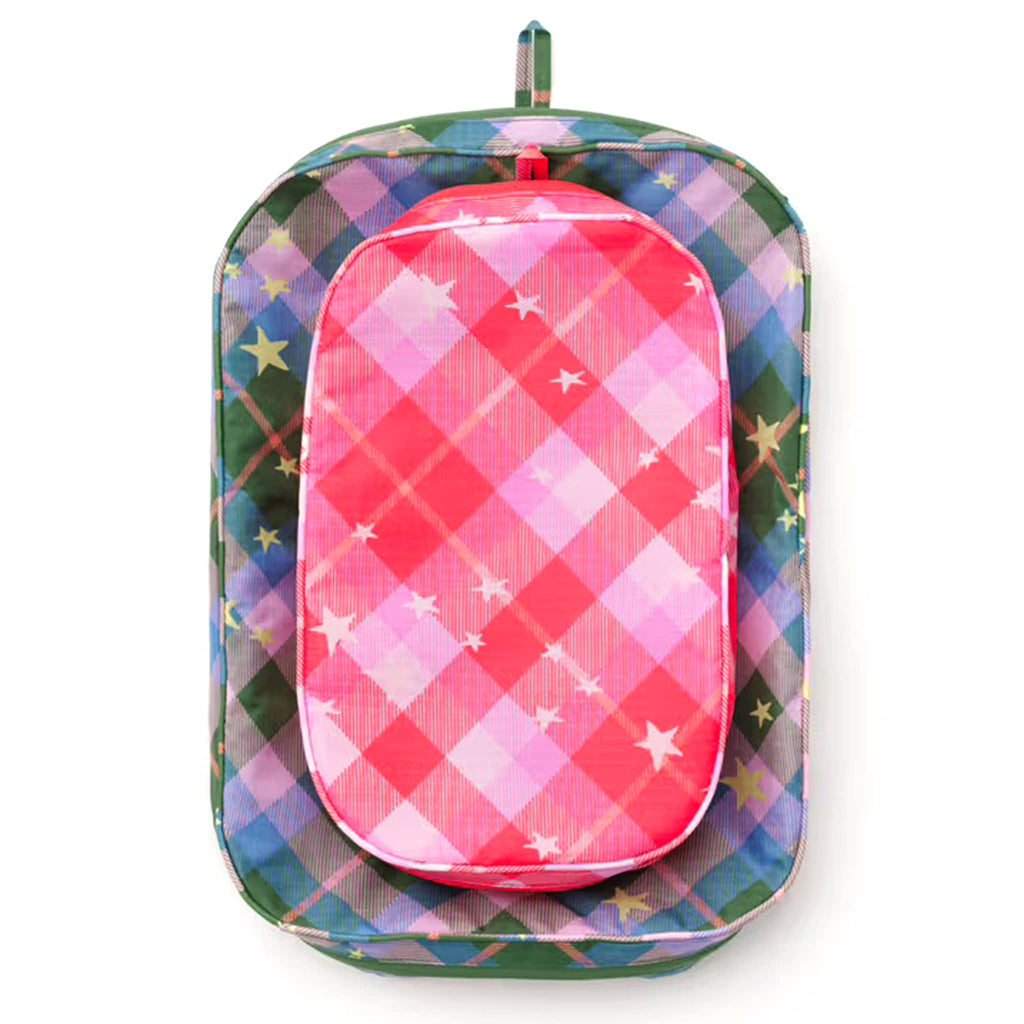 Baggu Star Plaid reusable recycled nylon packing cubes, set of two flat and stacked.