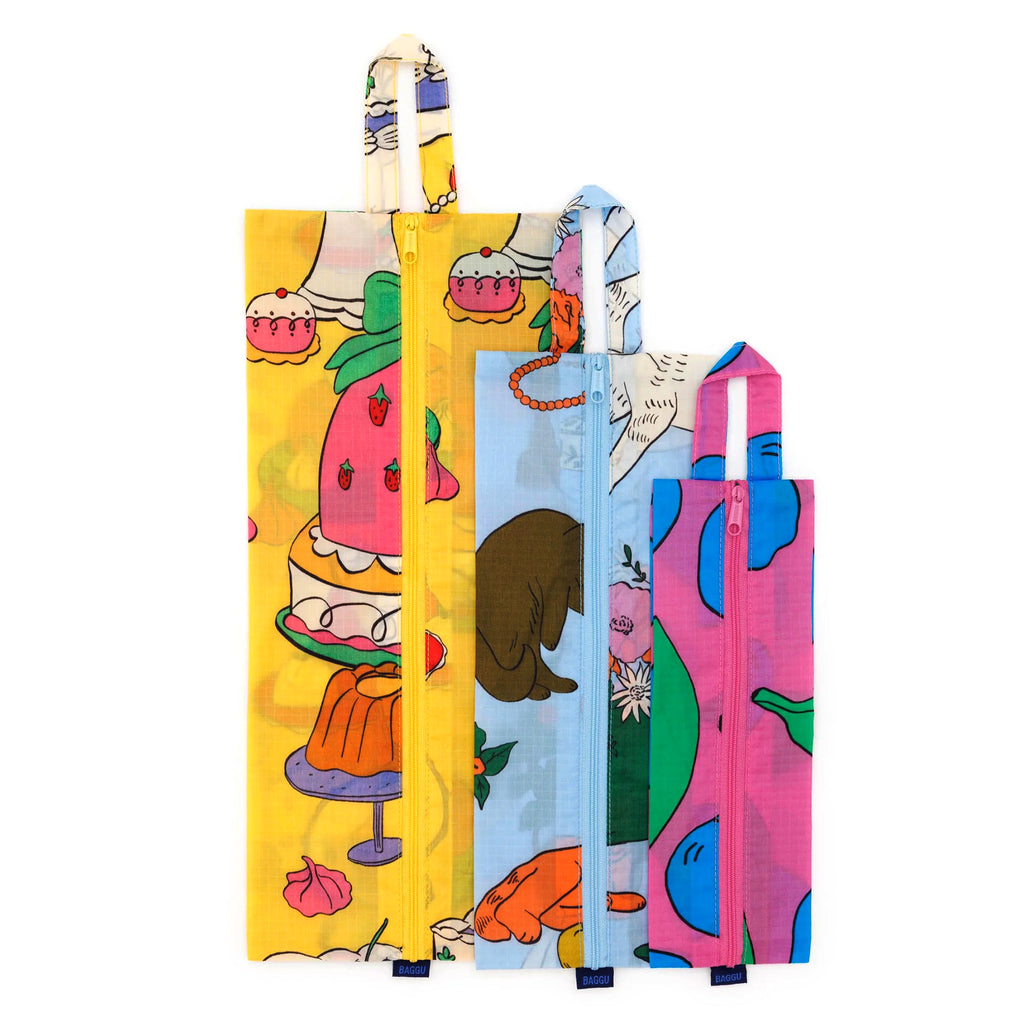 Baggu reusable recycled ripstop nylon 3D zip bags, set of 3 in Still Life prints, flat and stacked.