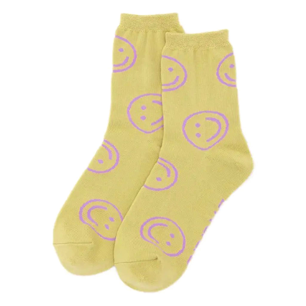Baggu Straw Happy bamboo rayon unisex crew socks, flat.