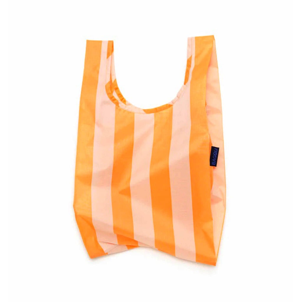 Baggu baby size eco-friendly recycled ripstop nylon reusable tote bag in Tangerine Wide Stripe, unfolded.