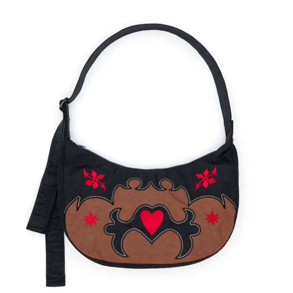 Baggu Western Applique medium ripstop nylon crescent bag, front view.