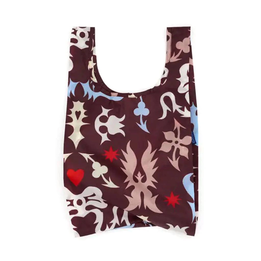 Reusable shopping bag with abstract floral and heart pattern on a brown backdrop, on a white background.