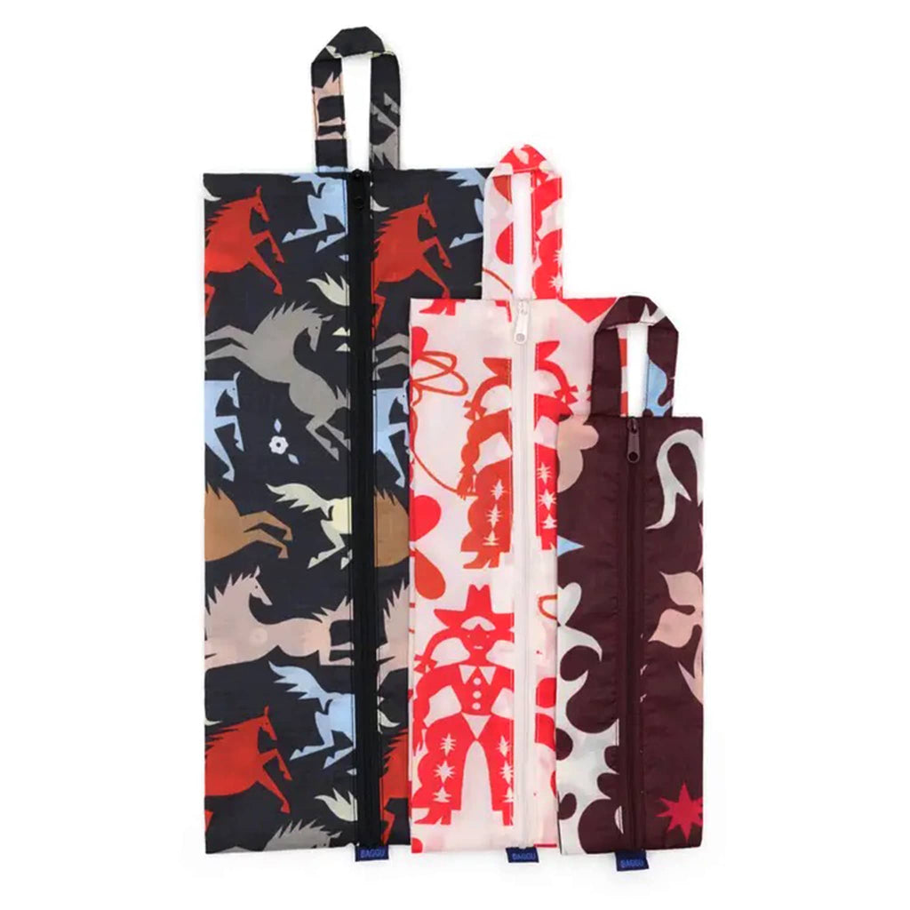 Baggu Western Cut Outs reusable recycled nylon 3d zip set bags, set of 3 in different prints, flat and stacked.