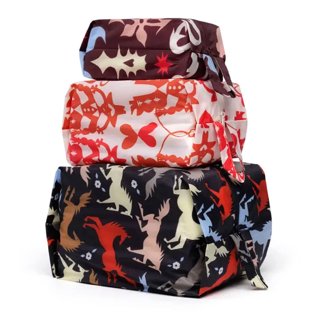Baggu Western Cut Outs reusable recycled nylon 3d zip set bags, set of 3 in different prints, stuffed and stacked.