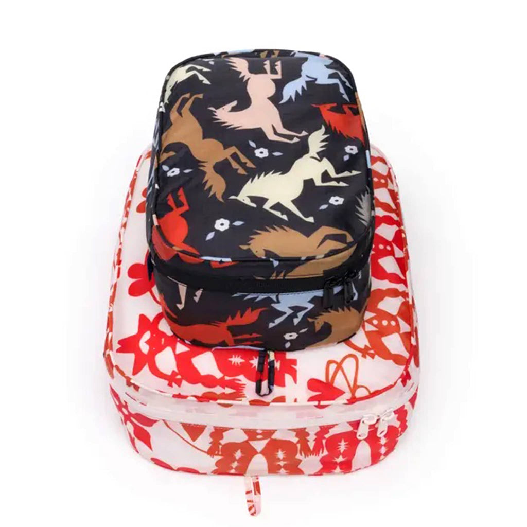 Baggu Western Cut Outs reusable recycled nylon packing cubes, set of two stuffed and stacked.