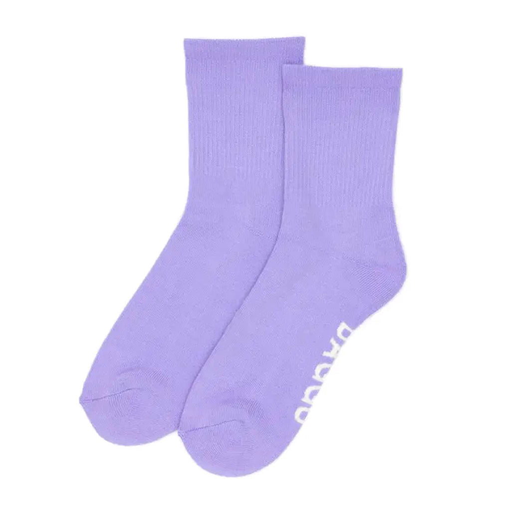 Pair of light purple socks with a brand logo on a white background.