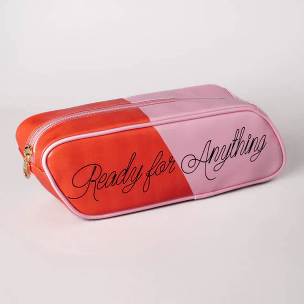 Pink and red pencil case with 'Ready for Anything' text on a light gray background.