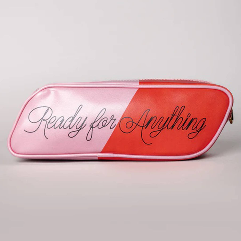 Pink and red pencil case with 'Ready for Anything' text on a light gray background.