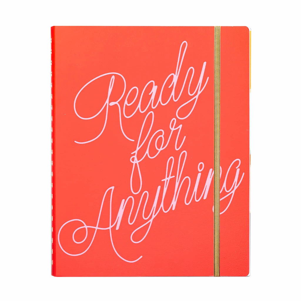 Red undated weekly planner with 'Ready for Anything' in pink text on a white background.