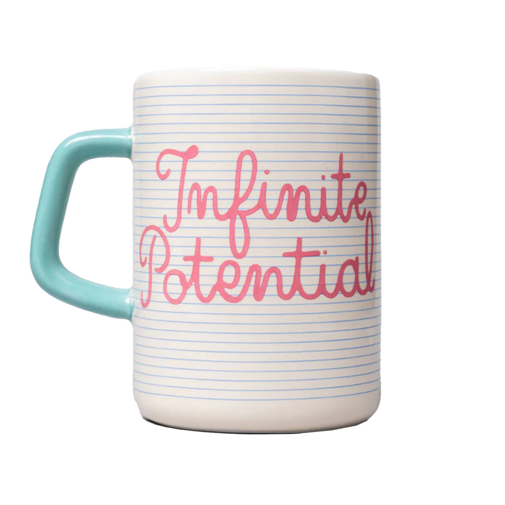 Mug with 'Infinite Potential' text in pink and blue handle on the left, on a white background.