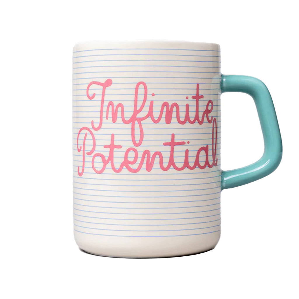 Mug with 'Infinite Potential' text in pink and blue handle on the right, on a white background.