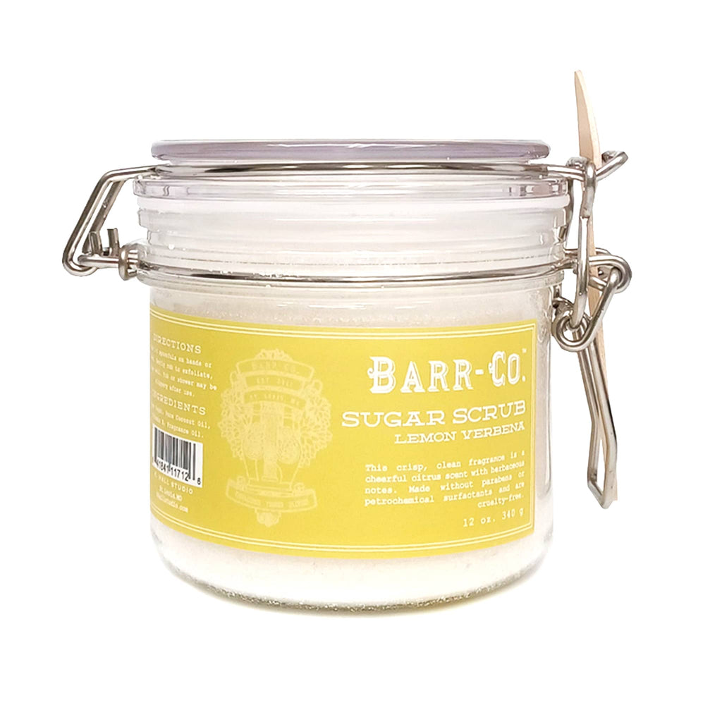 Barr-Co Lemon Verbena scented sugar scrub in glass jar with lid and yellow label.