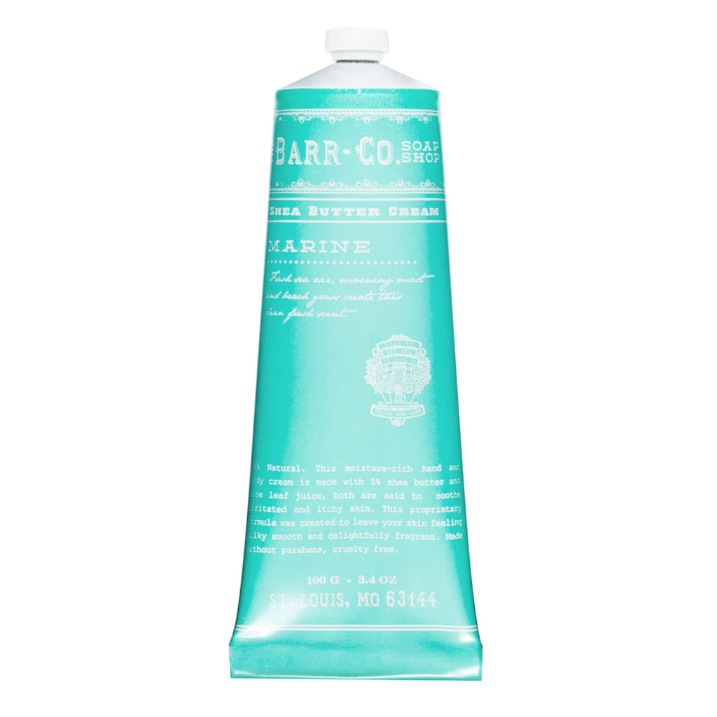 Barr-Co Marine scented shea butter hand and body cream in aqua blue tube.