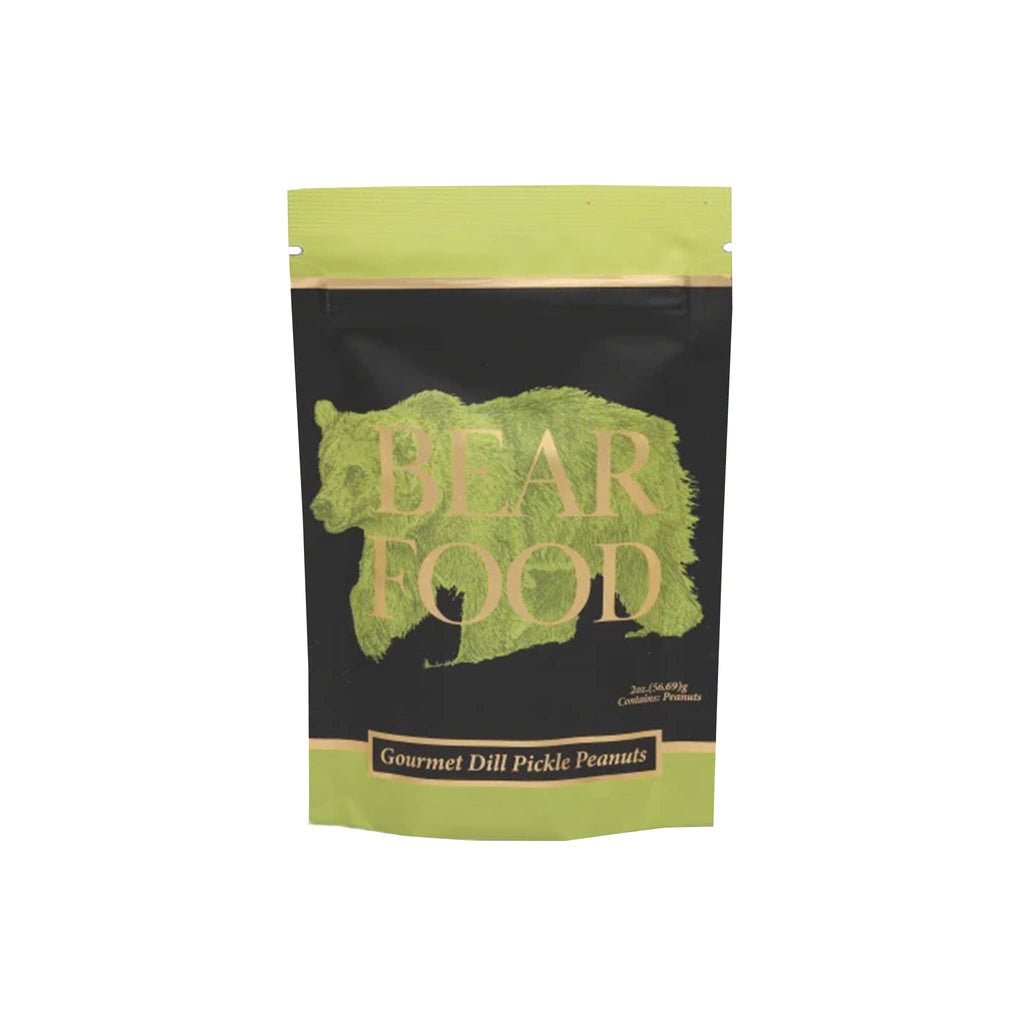 Bear Food Gourmet Dill Pickle Flavored Peanuts in green 2 ounce pouch.