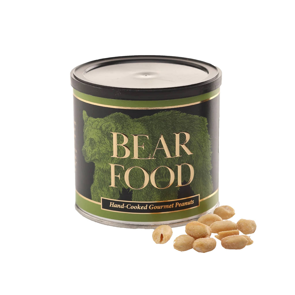 Green canister labeled 'Bear Food' with peanuts on a white background.