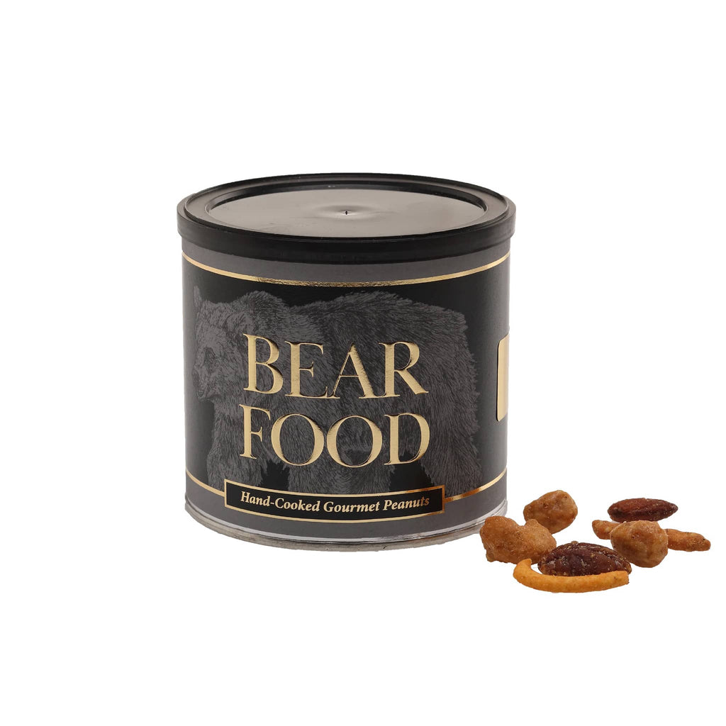 Gray and black canister labeled 'Bear Food' with snack mix sample on a white background.