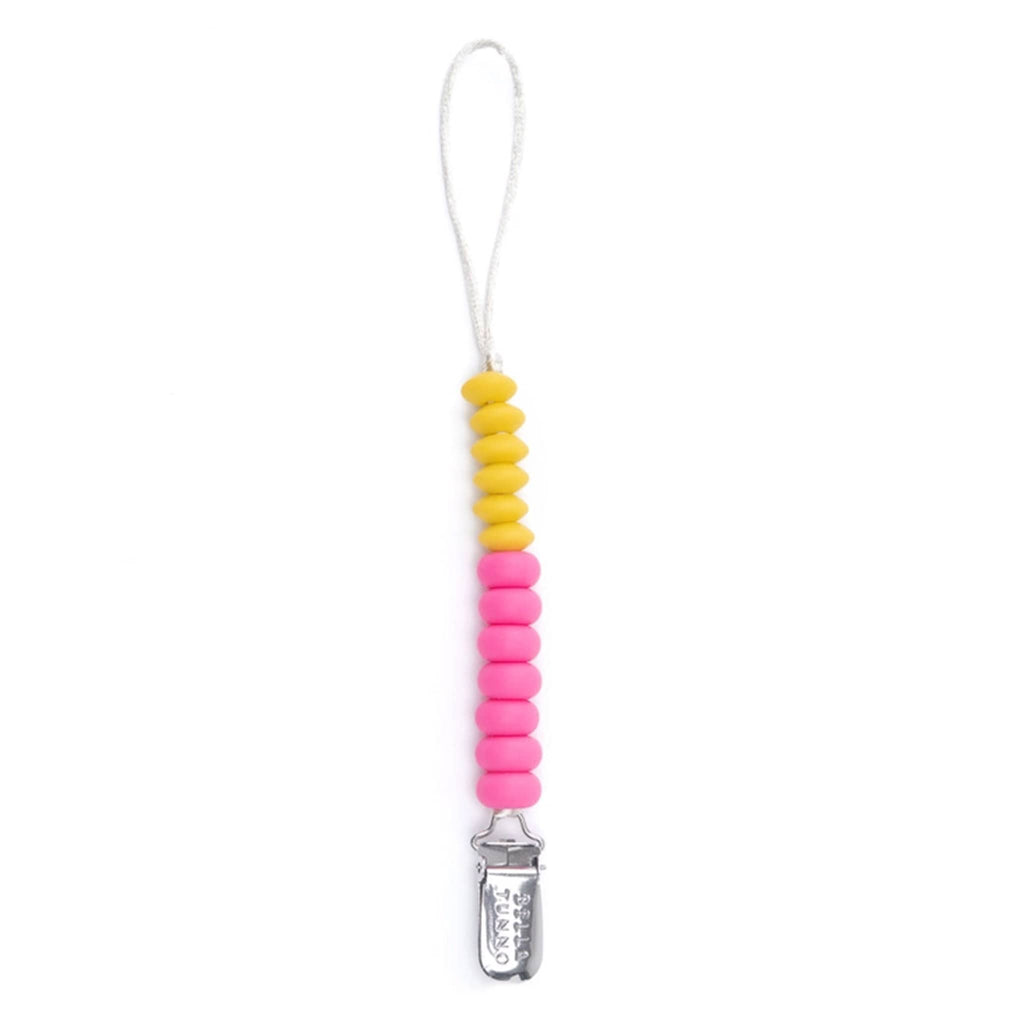 Bella Tunno Punch Duo Baby Pacifier Clip with silicone beads in bright yellow and pink.