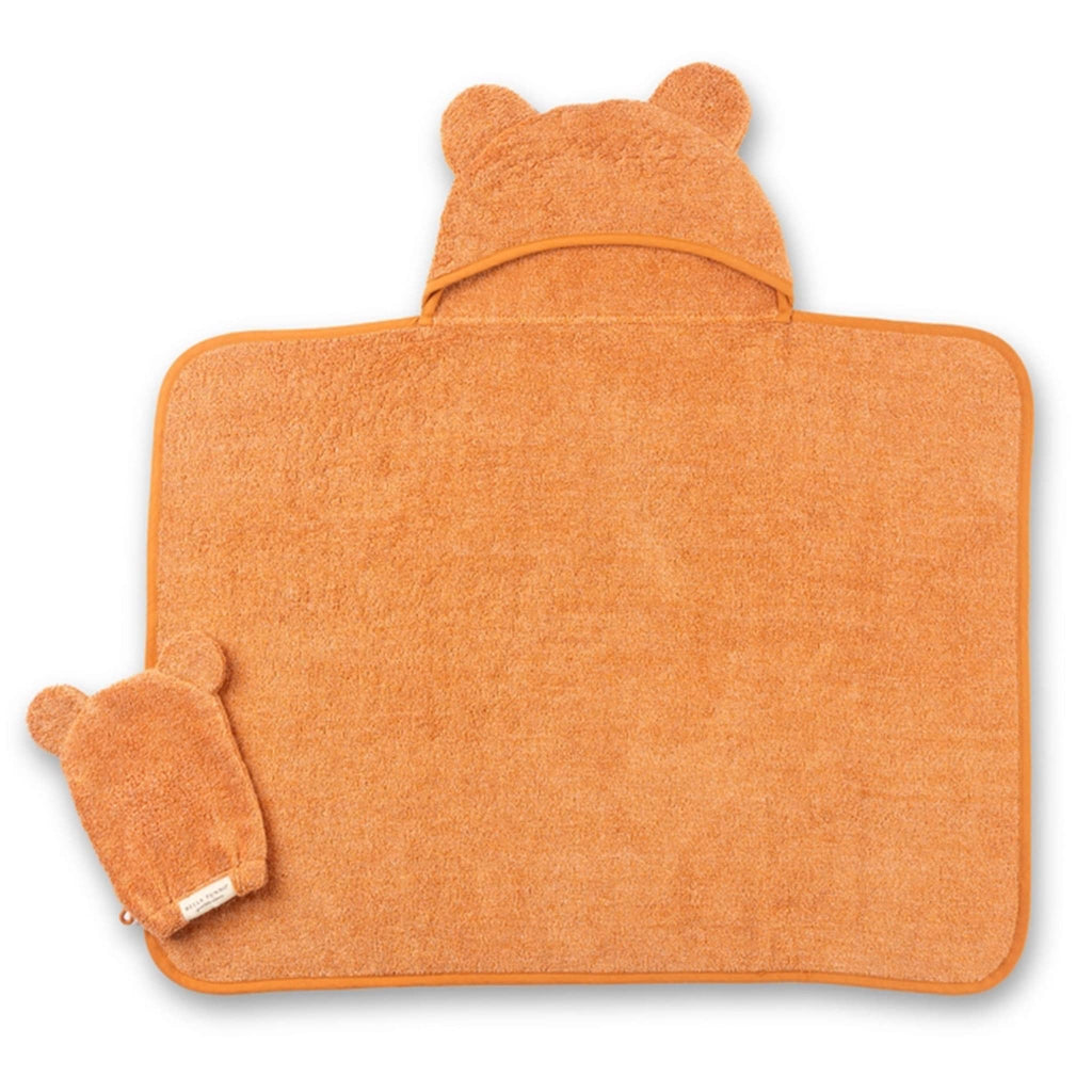 Bella Tunno Baby Hooded Bath Towel and Wash Mitt Set in Pumpkin, unfolded towel with mitt.