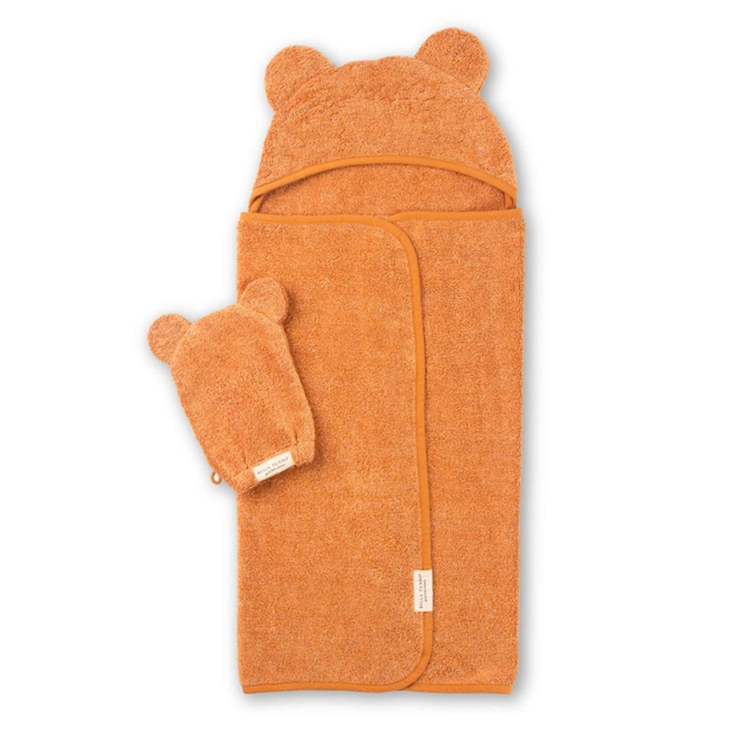 Bella Tunno Baby Hooded Bath Towel and Wash Mitt Set in Pumpkin, folded towel with mitt.