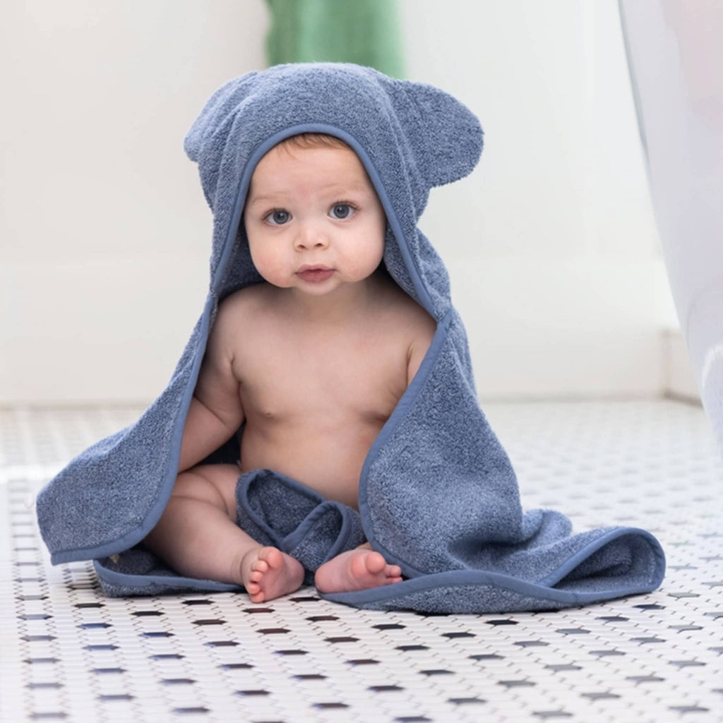 Bella Tunno Baby Hooded Bath Towel and Wash Mitt Set in Rain, towel on baby sitting up.