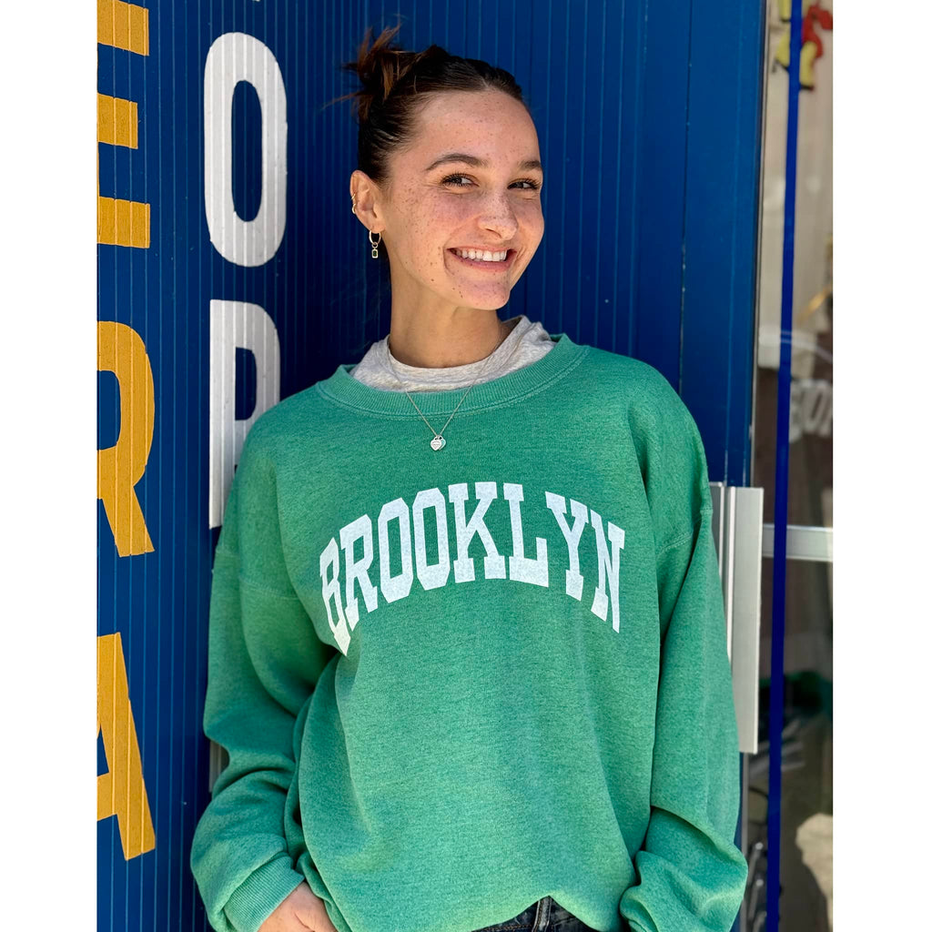 Best Regards Brooklyn varsity upcycled sweatshirt in green.