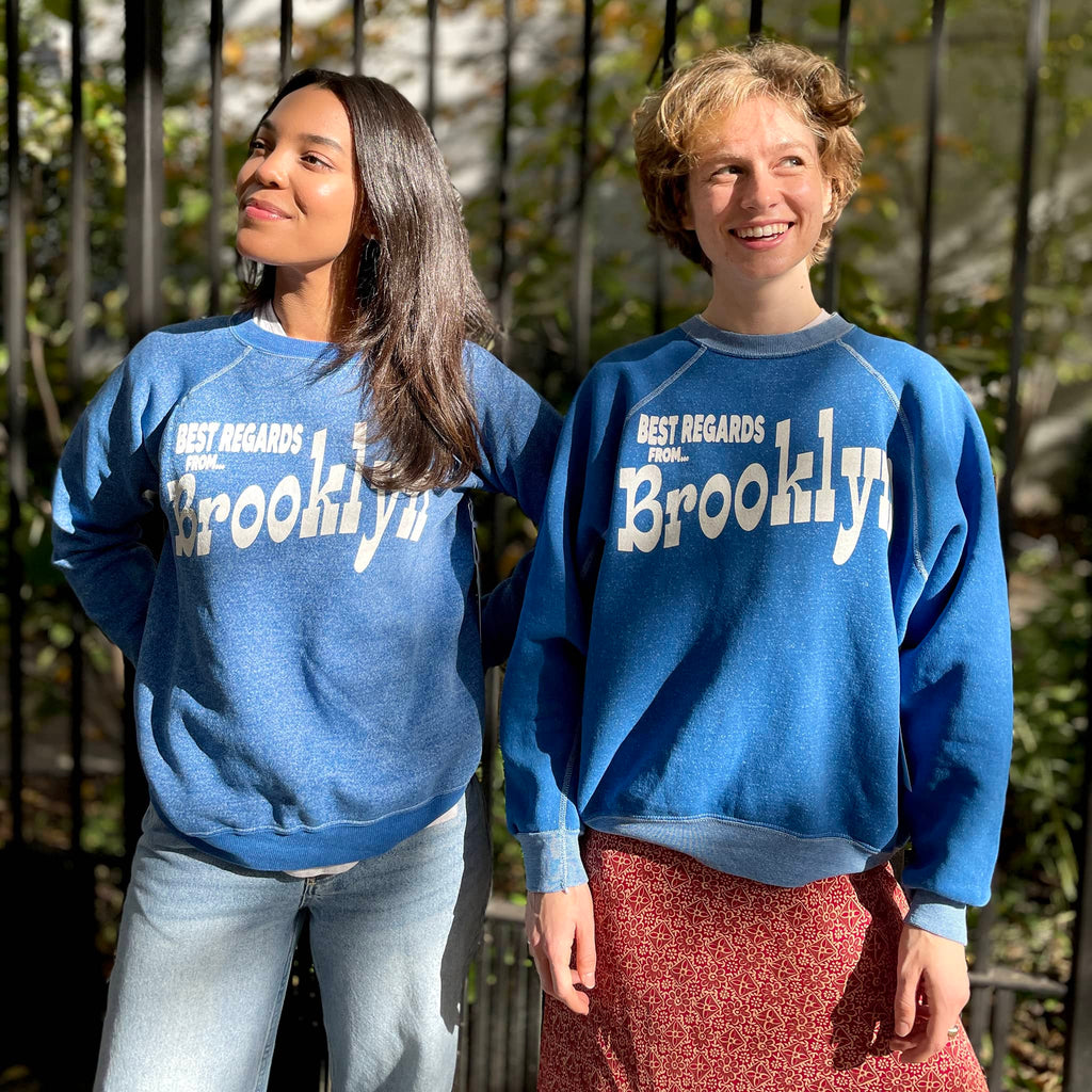 Best Regards from Brooklyn vintage upcycled sweatshirt in royal blue, 2 styles shown on models.