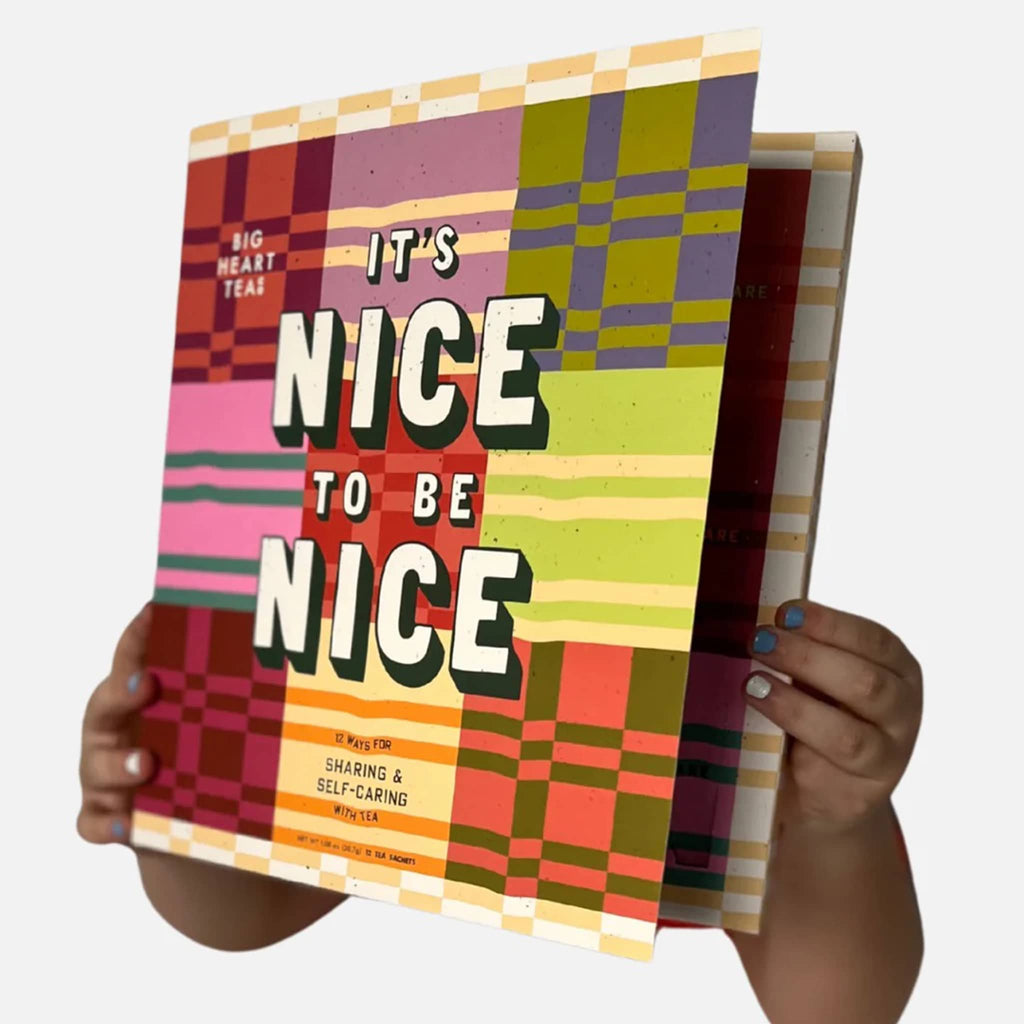 'It's Nice to Be Nice' sampler gift box from Big Heart Teas with a patterned cover, held by 2 hands.